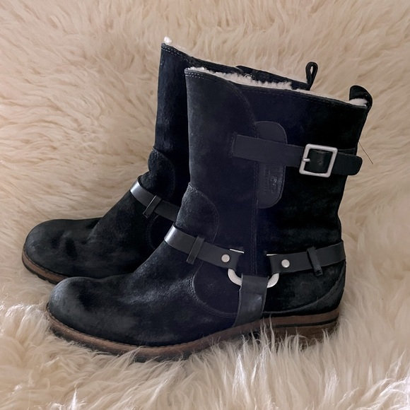 UGG Black Suede Buckle Moto Sherpa Hiking Winter Ankle Boots - Picture 1 of 7
